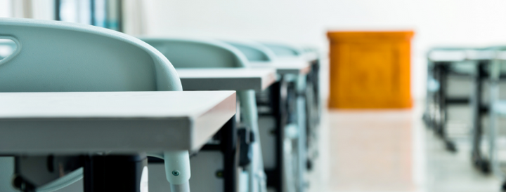 Empty classrooms with blue chairs