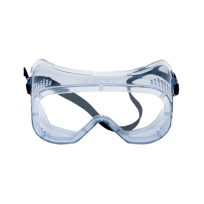Protective goggles with full coverage around eyes and vents.