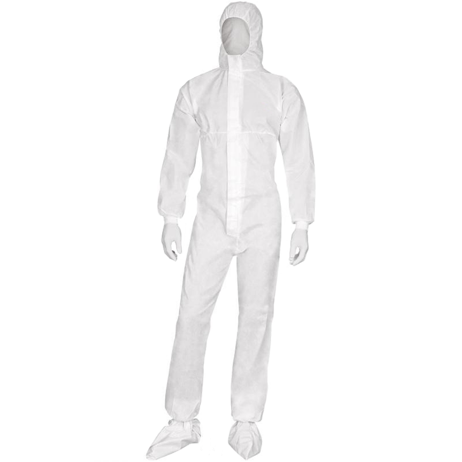 Protective disposable coverall with shoe cover and hood